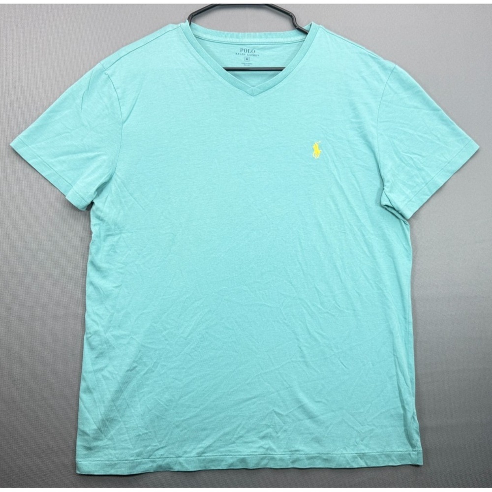 Polo Ralph Lauren Men's Medium V-Neck T-Shirt Mint Green Turquoise Yellow Pony M